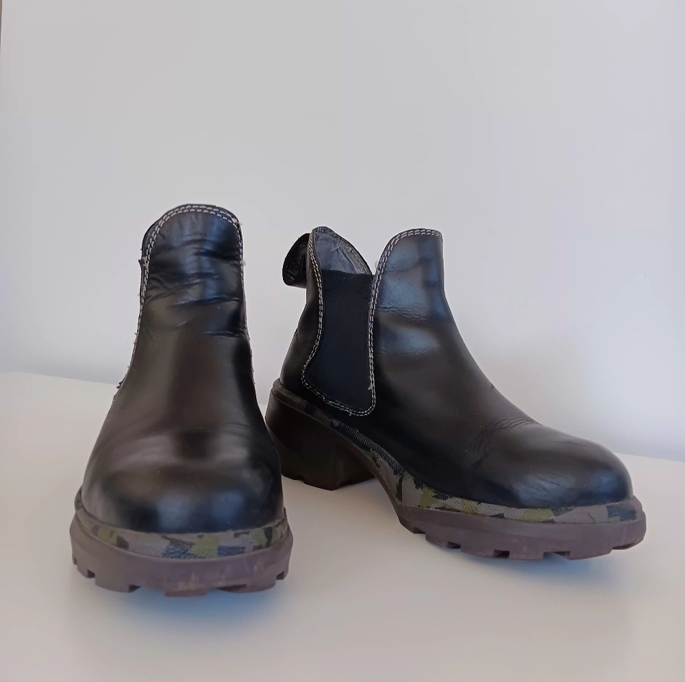 John Fluevog Black Leather Chelsea Lug Ankle Boots